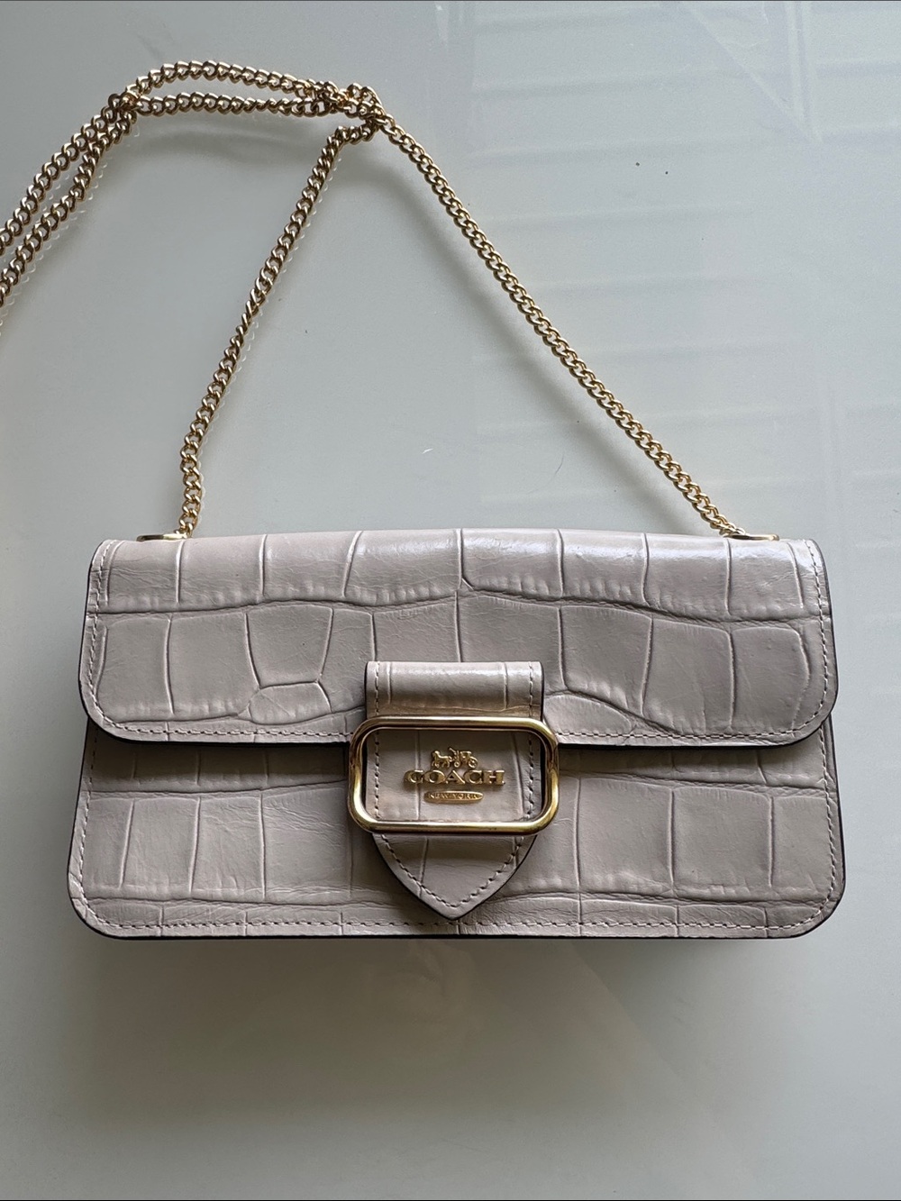 Coach Morgan Croc-Embossed Leather Chain Shoulder Bag in Light Gray - Picture 2 of 13